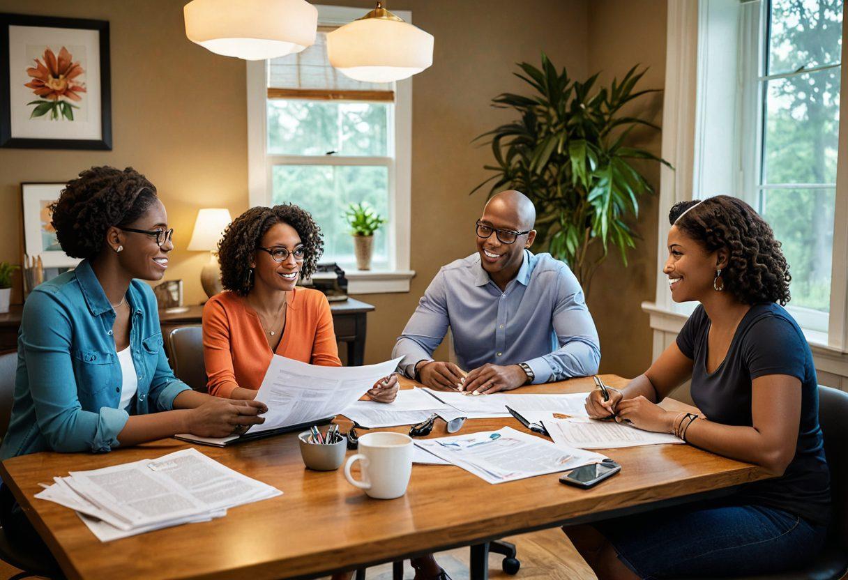 A confident family discussing insurance options at a cozy home office, surrounded by paperwork and a laptop showing insurance plans. The atmosphere is warm and inviting, showcasing diversity and teamwork. Include elements like a piggy bank, insurance policy documents, and calculators on the desk. The scene radiates hope and empowerment for financial security. super-realistic. vibrant colors. warm lighting.
