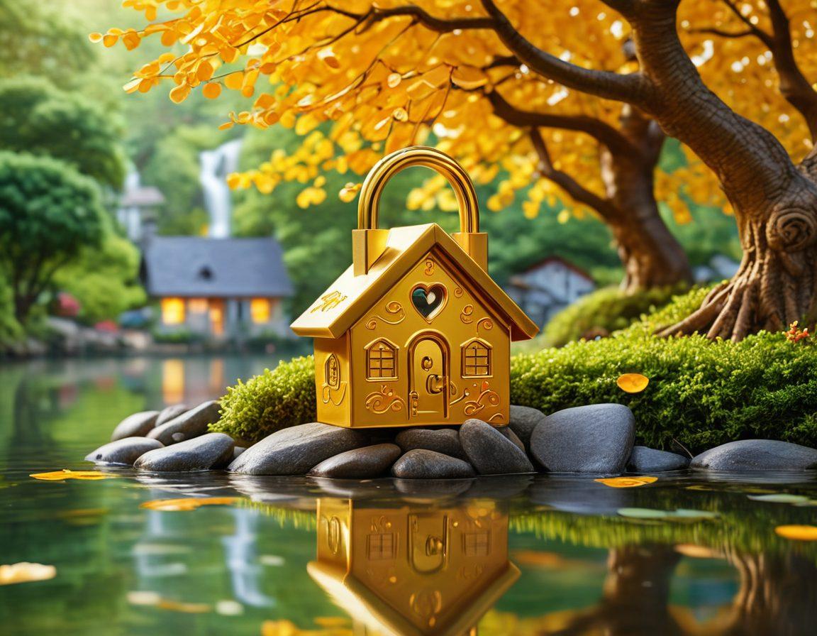 A radiant heart-shaped lock symbolizing financial wellness, surrounded by vibrant, flowing streams representing insurance policies. In the backdrop, a serene landscape of secure houses and trees filled with coins, radiating a warm golden glow. The composition illustrates harmony between love and financial security, while playful icons of insurance such as houses and shields float around. super-realistic. vibrant colors. peaceful atmosphere.